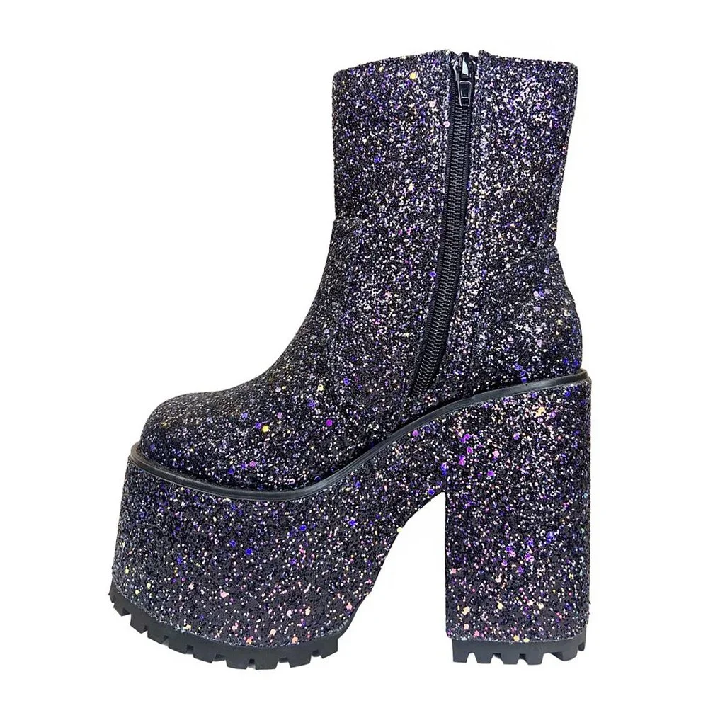 YRU Krush Platform Boots in Black Glitter - Picture 3 of 4